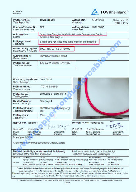 CHINA Shenzhen Chengtiantai Cable Industry Development Co.,Ltd certificaciones